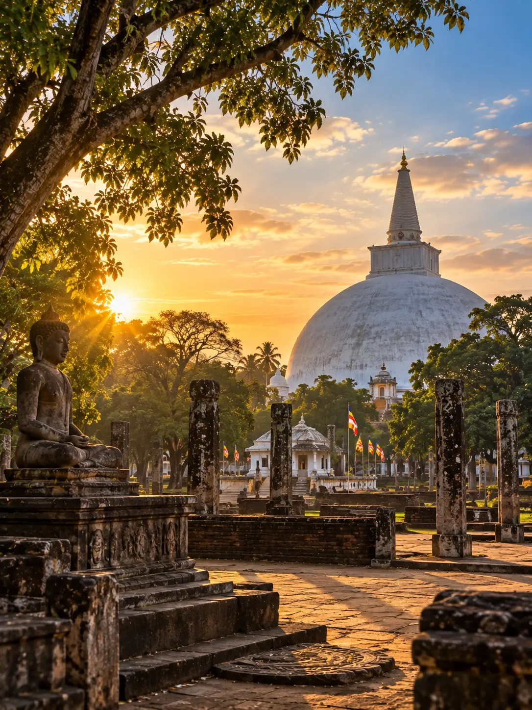 A white dagoba rising above ruined stone columns and a seated Buddha at first light