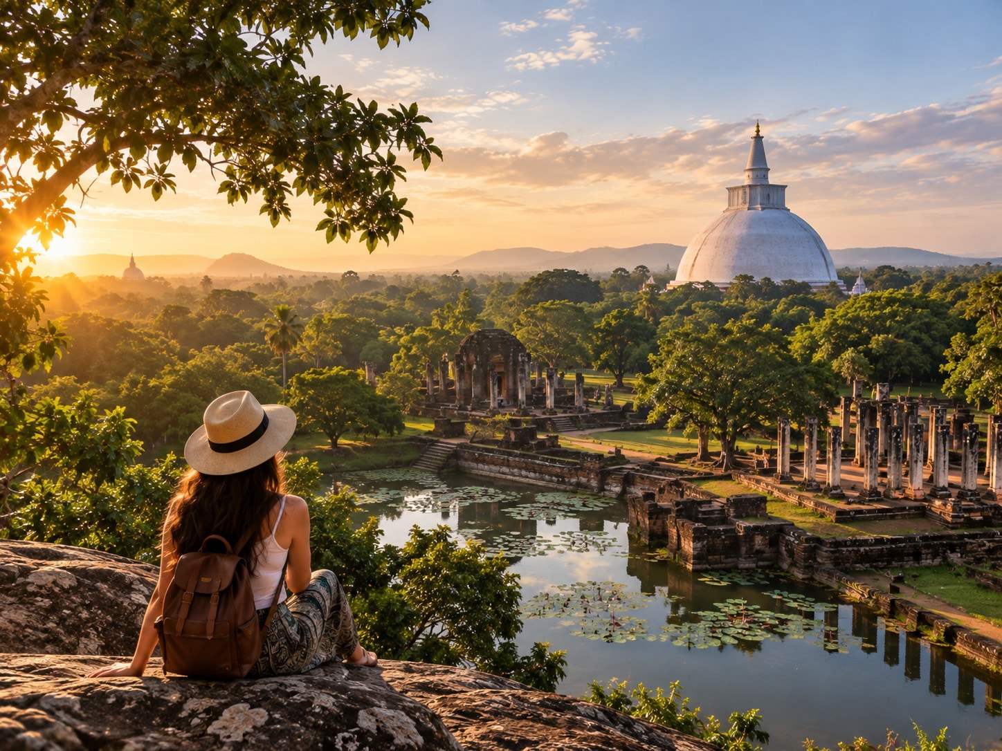 A traveller in a sun hat looking out over the ruins and reflecting pools of an ancient city, a dagoba beyond
