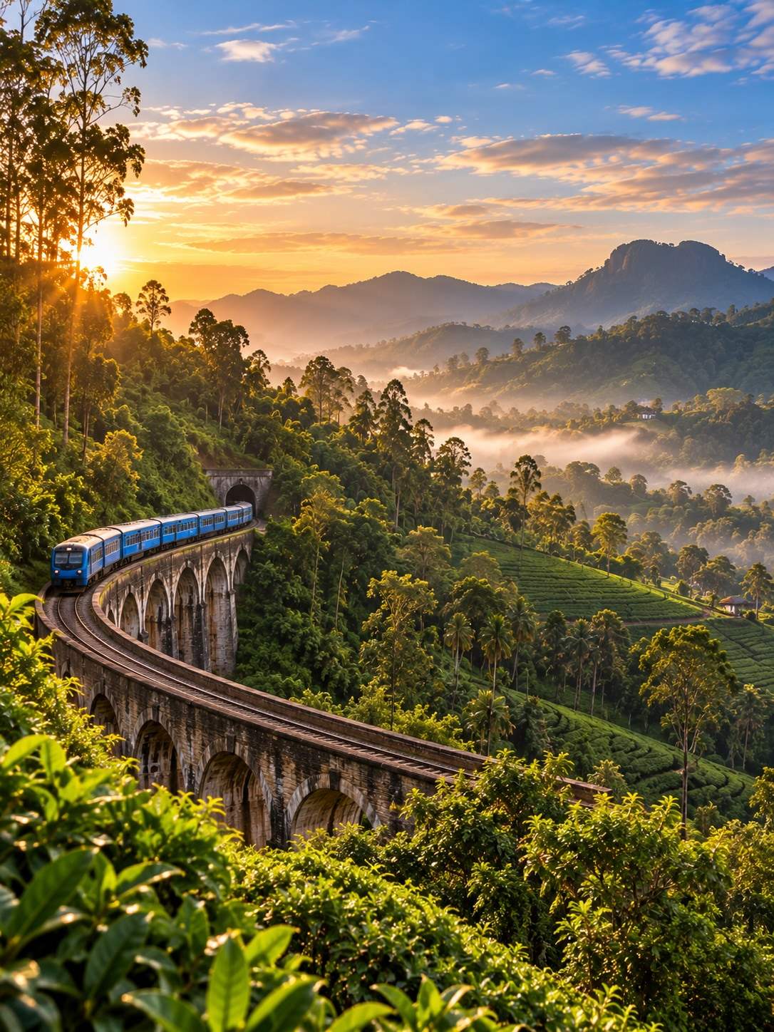 A blue train crossing a curved stone viaduct through tea-covered hills at sunrise