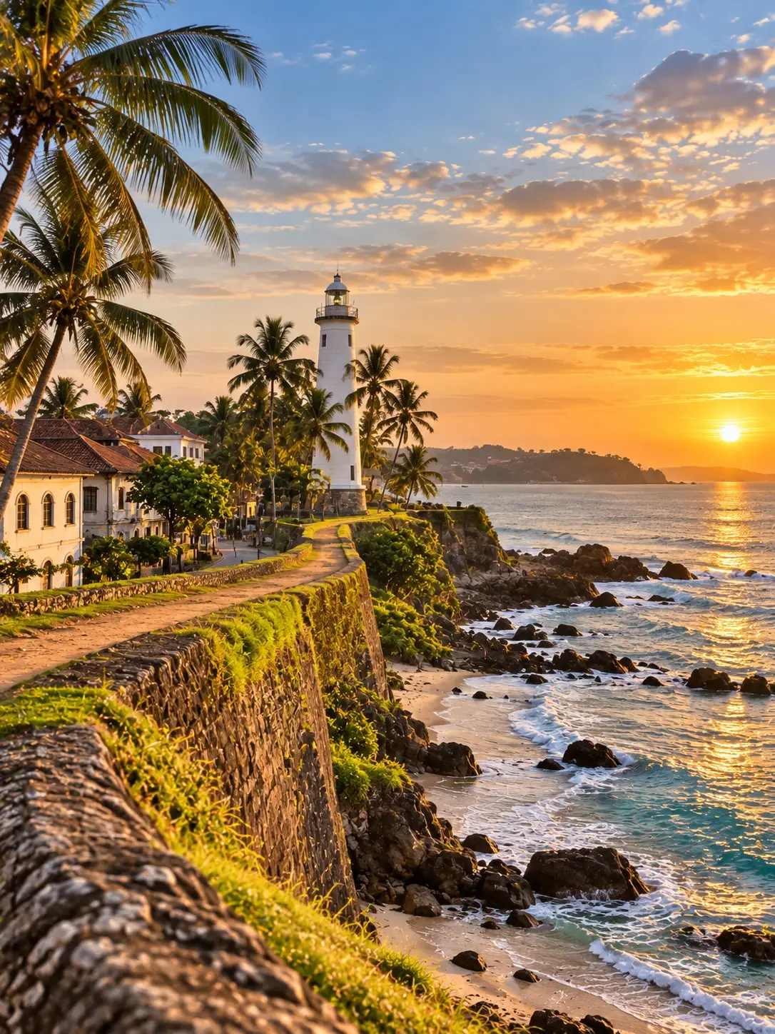 A white lighthouse above the fort ramparts, the sea breaking on rocks below at sunset