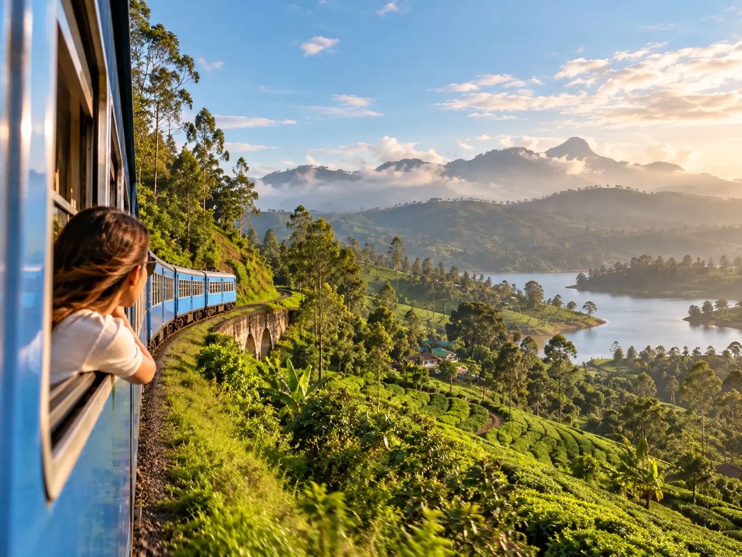 A passenger leaning from the window of a blue train as it curves through tea country above a lake
