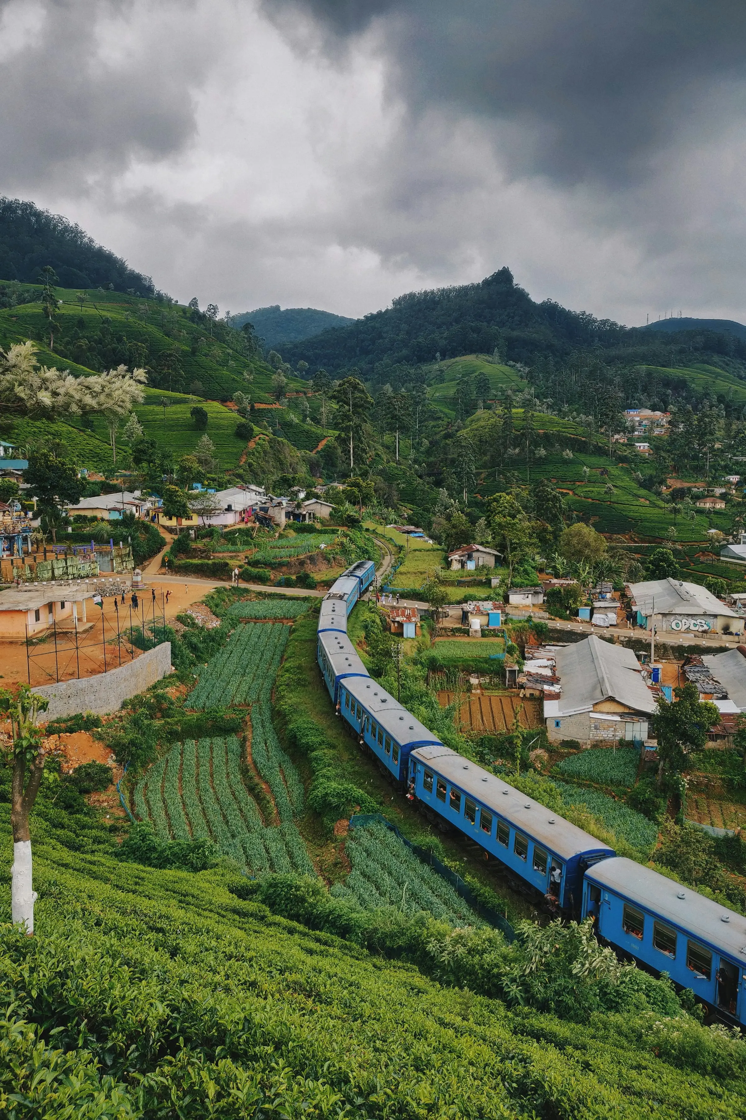 A blue Sri Lankan train passing hillside houses on the mountain railway