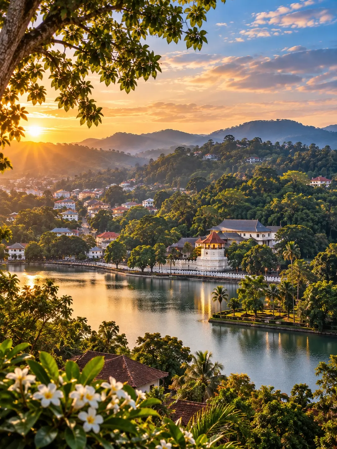 A lake ringed by forested hills with a white and red temple complex on the far shore