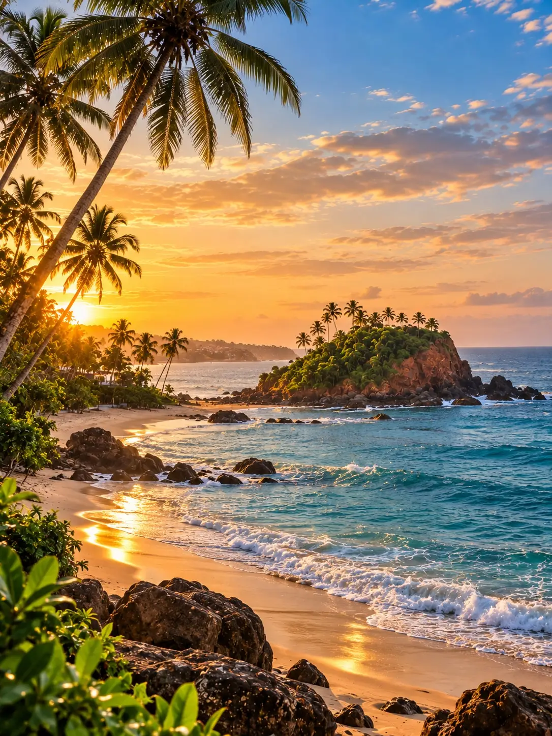 A palm-fringed bay with a rocky headland and the sun low over the water