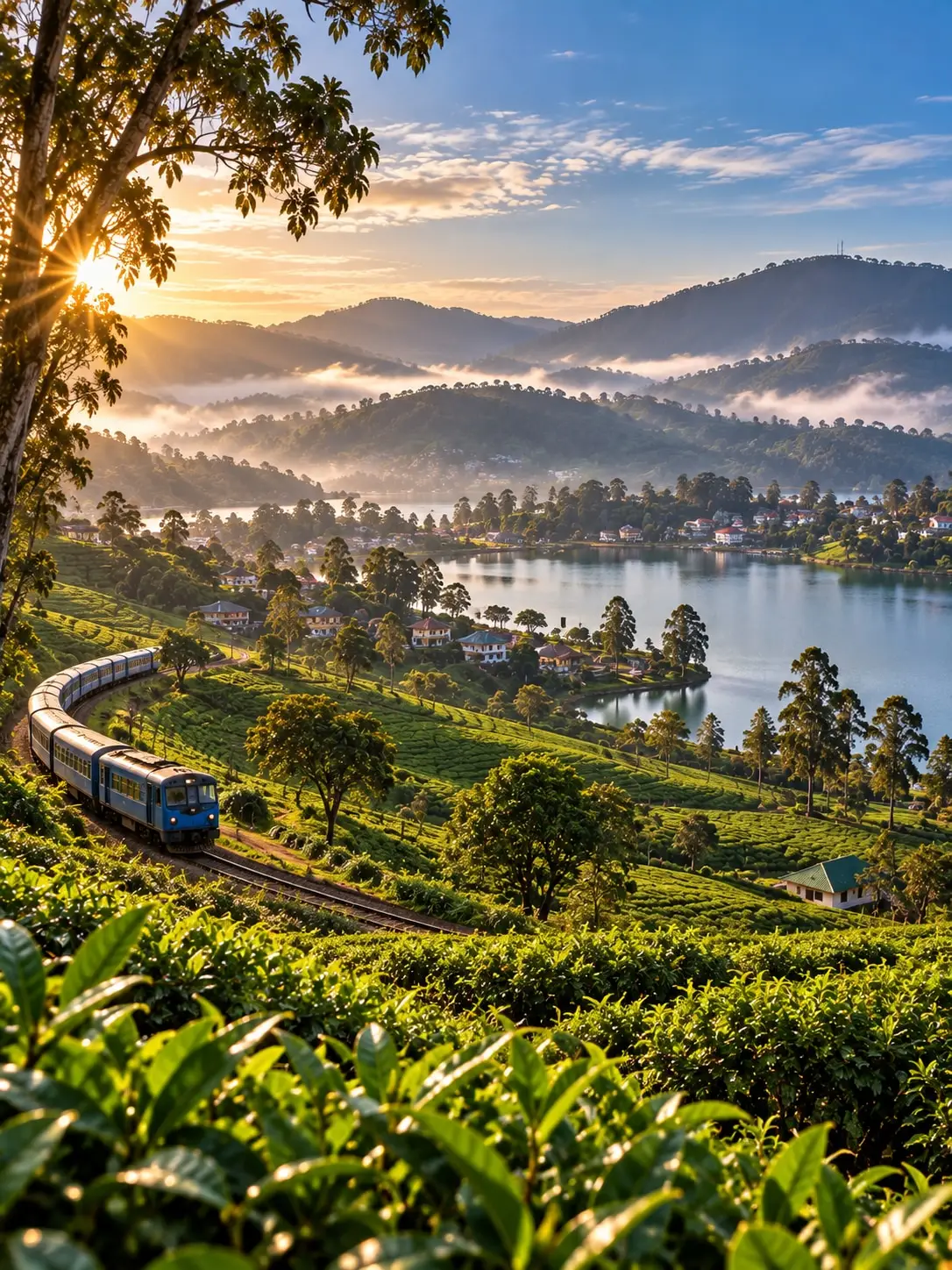 A blue train curving through terraced tea fields above a lake, mist across the hills