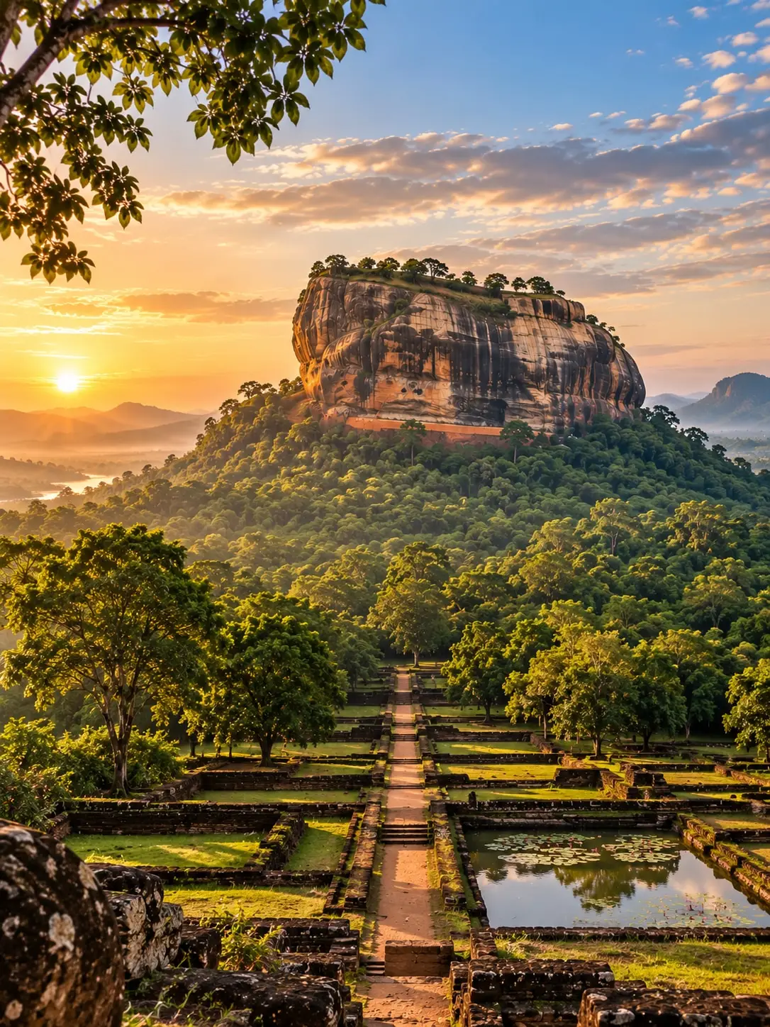 Sigiriya rock rising above forest, the water gardens and causeway leading towards it