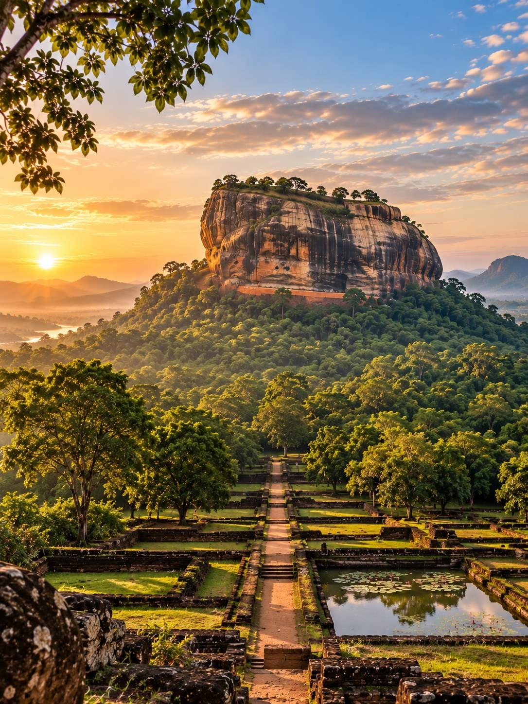 Sigiriya rock rising above forest, the water gardens and causeway leading towards it