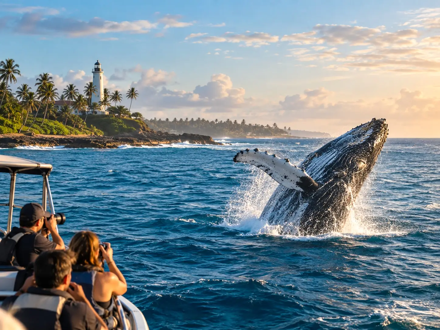A humpback whale breaching beside a boat of watching passengers, a lighthouse on the headland behind
