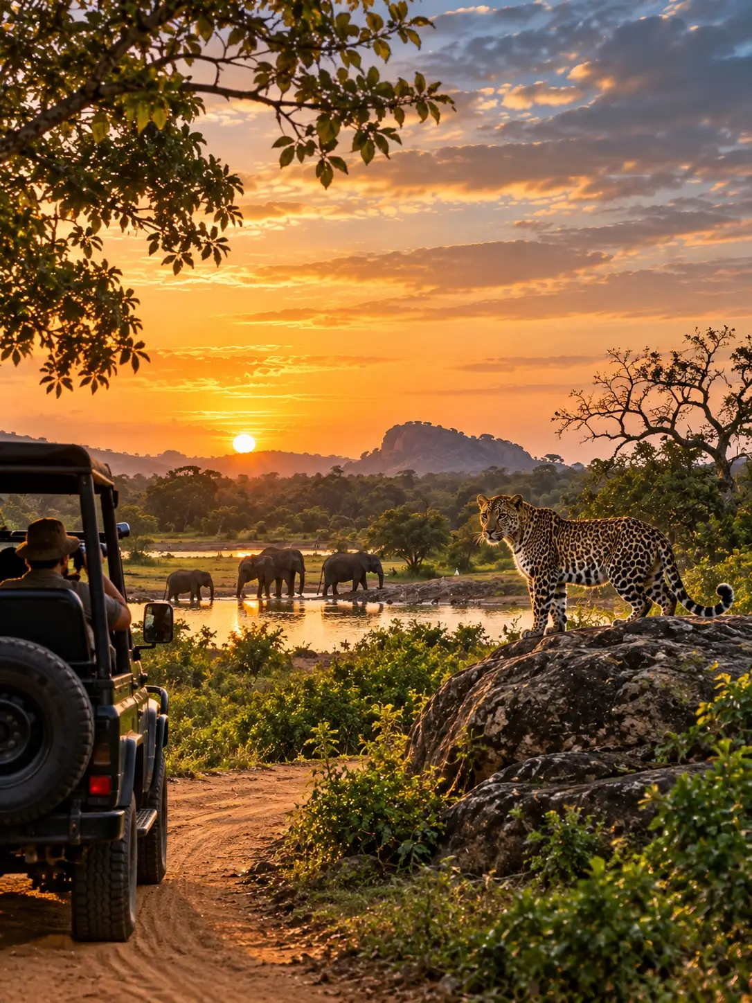 A safari jeep on a dry-zone track with a leopard on rocks nearby and elephants at a waterhole beyond